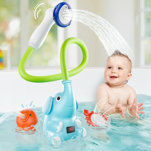 Baby Badewanne Duschkopf mit Wasserthermometer, 3-in-1 Wiederaufladbares Badespielzeug, 3 austauschbare Duschköpfe und weiche Silikon-Babybürste, für Neugeborene, Kleinkinder in der Wanne oder von Sumobaby