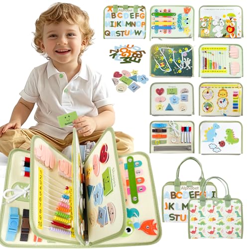 Busy Board, Montessori Spielzeug 1 2 3 4 Jahre, 9 in 1 Dinosaurier Quiet Book, Filz Activity Board, Baby Sensorik Lernspielzeug, Motorikspielzeug Jungen Mädchen Kinder, Geschenk für Kinder von Sumtoco