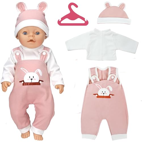 SunAurora 3-Teiliges Puppenkleidungsset für Babypuppen 35-43 cm / 17 Zoll Neugeborene Babypuppen, Puppenzubehör mit Hut Langarm Hose, Geschenke für Mädchen (Rosa Weiß) von SunAurora