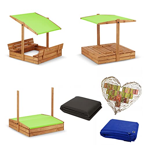 Premium Imprägniert Sandkasten 120x120 mit Dach mit Sonnenschutz mit UV-Schutz Sandbox mit Abdeckung mit Sitzbänken mit Deckel mit Plane Sandkiste Sandkastenvlies Holz von SunWood