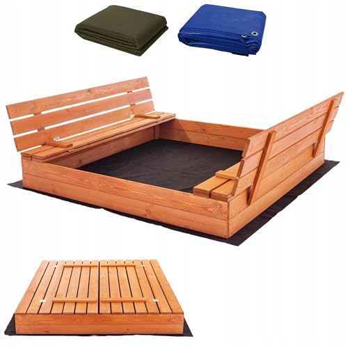 Premium Sandkasten 140x140 cm Imprägniert inkl. Video Anleitung für Montage Sandbox mit Abdeckung Sitzbänken Deckel Plane Sandkiste, Holz Sandkastenvlies 150x150 XXL von SunWood