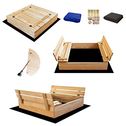 SunWood Sandkasten 100x100 cm Unbehandelt Premium Sandbox mit Abdeckung Sitzbänken Deckel Plane Sandkiste Holz Kiefer Sandkastenvlies (Natur-unbehandelt) von SunWood