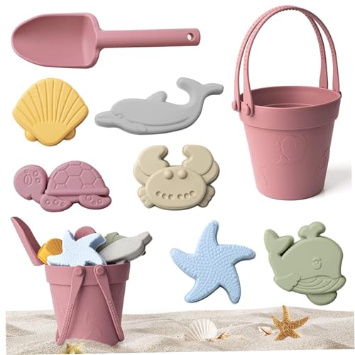 11-teiliges Sandspielzeug-Set aus lebensmittelechtem, buntem Silikon für den Strand mit Netztasche, inklusive Schaufel, Eimer, Sandformen und zufälligen Autos, wasserdichtes Sandkastenspielzeug für un von SunaOmni