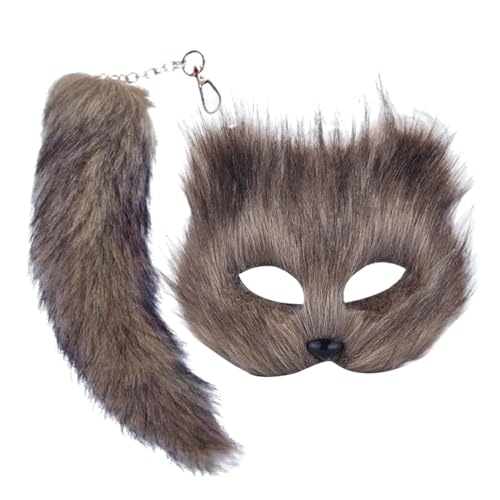 2 StüCk/Set Fuchsmaske Und Schwanz, KüNstliches Fuchshaar, Halloween-Maske, Flauschige Halbgesichts-Therian-Maske Mit Fuchsschwanz-SchlüSselanhäNger FüR Maskerade, Halloween, Cosplay, Fuchsmaske, Grau von SunaOmni