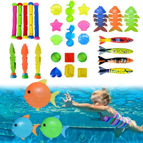 32-teiliges Sommer-Pool-Tauchspielzeug, lustiges Torpedo-Spritzspielzeug-Set mit Bonus-Aufbewahrungstasche, Tauchringe, Tauchstöcke, Toypedo-Banditen, Tauchspielzeugbälle, Kraken, Fische und Piratensc von SunaOmni