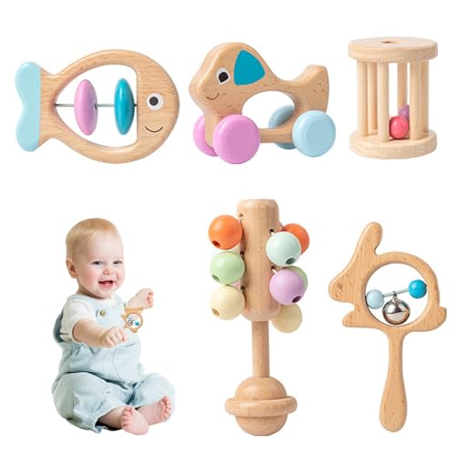 5-teiliges Set aus Holz-Babyrassel, 5 lustige Stile, Babyrassel, frühpädagogische natürliche Holzrassel, leicht zu reinigendes Holz-Babyspielzeug für Säuglinge und Neugeborene, Geschenk, Holzrass 5-teiliges Set aus Holz-Babyrassel, 5 lustige Stile, Babyrassel, frühpädagogische natürliche Holzrassel, leicht zu reinigendes Holz-Babyspielzeug für Säuglinge und Neugeborene, Geschenk, Holzrass von SunaOmni