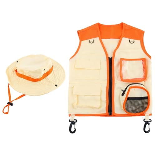 SunaOmni Entdecker-Set für Kinder, weiches Stoff-Entdecker-Safaris-Kostüm für Kinder, Weste und Mütze für Angelabenteuer und Camping für Jungen Mädchen, Kleinkind-Outfit, orangefarbenes -Kostüm f von SunaOmni