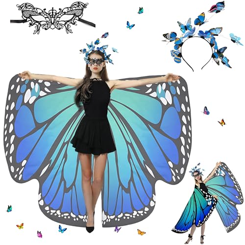 Sundonix Fasching Schmetterling Umhang für Damen - Farbenfrohes Karneval Kostüm Damen, Ideal für Karneval, Fasching und Cosplay(Chiffon, Einfachseitige Druck, Blau) von Sundonix