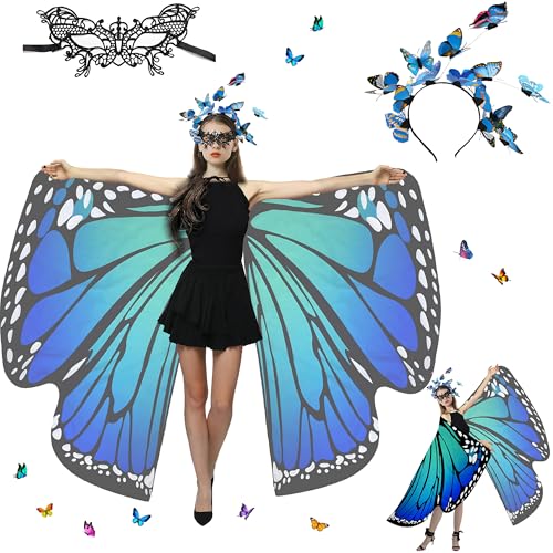 Sundonix Fasching Schmetterling Umhang für Damen - Farbenfrohes Karneval Kostüm Damen, Ideal für Karneval, Fasching und Cosplay(Chiffon, Einfachseitige Druck, Blau) von Sundonix