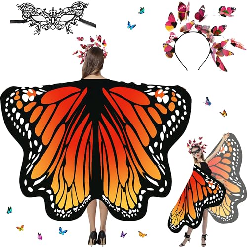 Sundonix Fasching Schmetterling Umhang für Damen - Farbenfrohes Karneval Kostüm Damen, Ideal für Karneval, Fasching und Cosplay(Chiffon, Einfachseitige Druck, Orange) von Sundonix