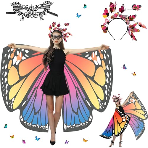 Sundonix Fasching Schmetterling Umhang für Damen - Farbenfrohes Karneval Kostüm Damen, Ideal für Karneval, Fasching und Cosplay(Chiffon, Einfachseitige Druck, orange-purple) von Sundonix