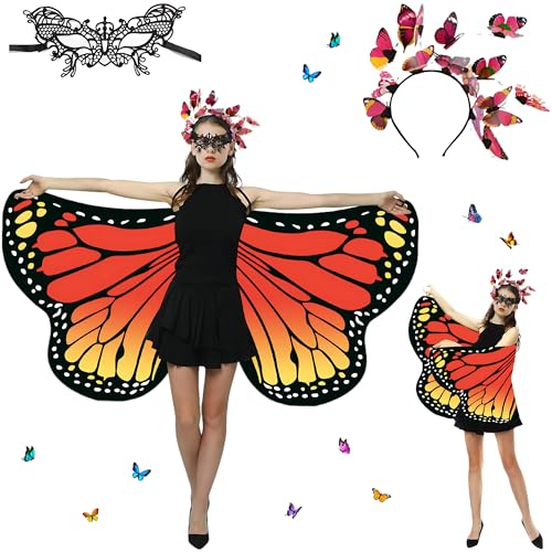 Sundonix Fasching Schmetterling Umhang für Damen - Farbenfrohes Karneval Kostüm Damen, Ideal für Karneval, Fasching und Cosplay(Polyester, Beidseitige Druck, Orange) von Sundonix