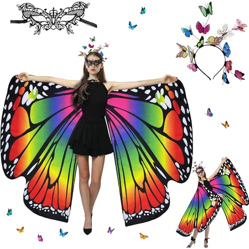 Sundonix Fasching Schmetterling Umhang für Damen - Farbenfrohes Karneval Kostüm Damen, Ideal für Karneval, Fasching und Cosplay(Polyester, Beidseitige Druck, Regenbogen) von Sundonix