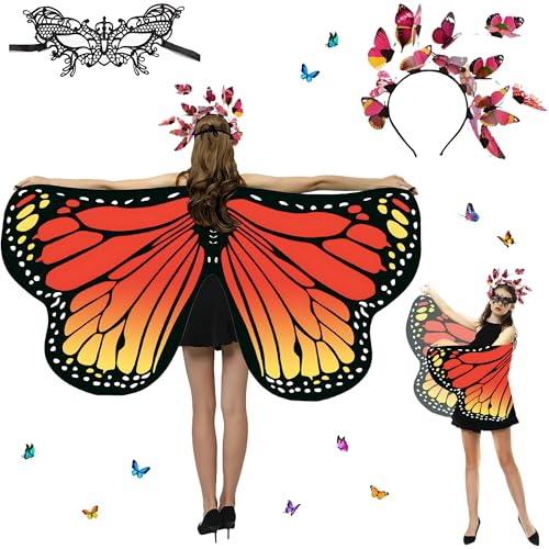 Sundonix Fasching Schmetterling Umhang für Damen - Farbenfrohes Karneval Kostüm Damen, Ideal für Karneval, Fasching und Cosplay(Polyester, Einfachseitige Druck, Orange) von Sundonix