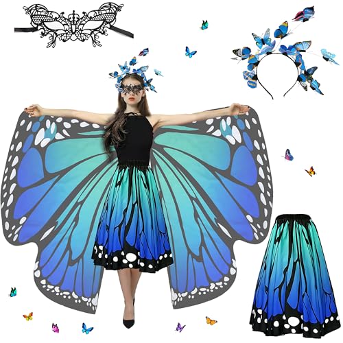 Sundonix Fasching Schmetterling Umhang für Damen - Karneval Kostüm mit Schmetterlingskopfband und Maske, ideal für Karneval, Fasching und Cosplay (Polyester, Blau) von Sundonix