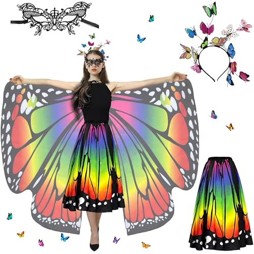 Sundonix Fasching Schmetterling Umhang für Damen - Karneval Kostüm mit Schmetterlingskopfband und Maske, ideal für Karneval, Fasching und Cosplay (Polyester, Regenbogen) von Sundonix