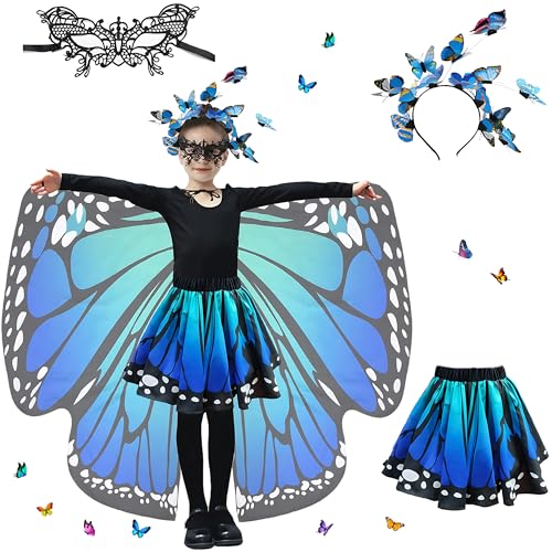 Sundonix Fasching Schmetterling Umhang für Kinder - Karneval Kostüm mit Schmetterlingskopfband und Maske, ideal für Karneval, Fasching und Cosplay (Polyester, Blau) von Sundonix