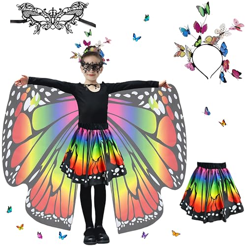 Sundonix Fasching Schmetterling Umhang für Kinder - Karneval Kostüm mit Schmetterlingskopfband und Maske, ideal für Karneval, Fasching und Cosplay (Polyester, Regenbogen) von Sundonix