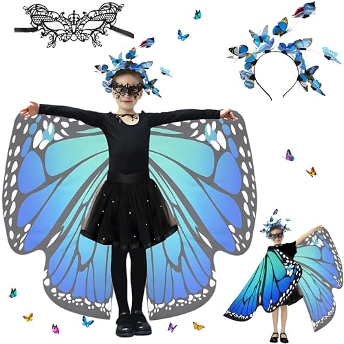 Sundonix Fasching Schmetterling Umhang für kinder - Karneval Kostüm mit Schmetterlingskopfband und Maske, ideal für Karneval, Fasching und Cosplay (Blau) von Sundonix