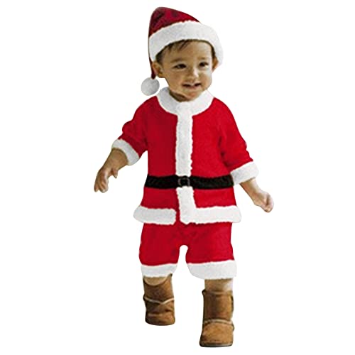 Sunfashion Kleidung Neugeborenes Baby-Weihnachtsoutfit, Kleinkind, Jungen, Mädchen, Weihnachtsmann-Strampler, Fleece-Overall, Weihnachtskleidung, Hut-Set Musselin Hose Kinder (A-Red, 12-20 Months) von Sunfashion