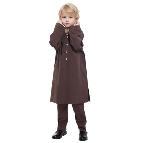 Sunfashion Kleinkind Kostüm Kaftan-Set für Jungen, langärmelig, einfarbiger Robe- für jugendliche Jungen, Thobe-Nationalkostüm, mittlere Teenager-Jungen, bestickter Robe-, arabische Hemd (Coffee, 13- von Sunfashion