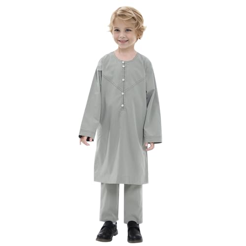 Sunfashion Kleinkind Kostüm Kaftan-Set für Jungen, langärmelig, einfarbiger Robe- für jugendliche Jungen, Thobe-Nationalkostüm, mittlere Teenager-Jungen, bestickter Robe-, arabische Hemd Mit (Green, von Sunfashion