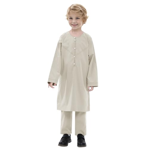 Sunfashion Kleinkind Kostüm Kaftan-Set für Jungen, langärmelig, einfarbiger Robe- für jugendliche Jungen, Thobe-Nationalkostüm, mittlere Teenager-Jungen, bestickter Robe-, arabische Hemd Mit (Beige, von Sunfashion