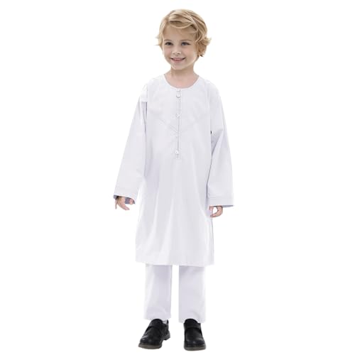 Sunfashion Kleinkind Kostüm Kaftan-Set für Jungen, langärmelig, einfarbiger Robe- für jugendliche Jungen, Thobe-Nationalkostüm, mittlere Teenager-Jungen, bestickter Robe-, arabische Hemd Mit (White, von Sunfashion