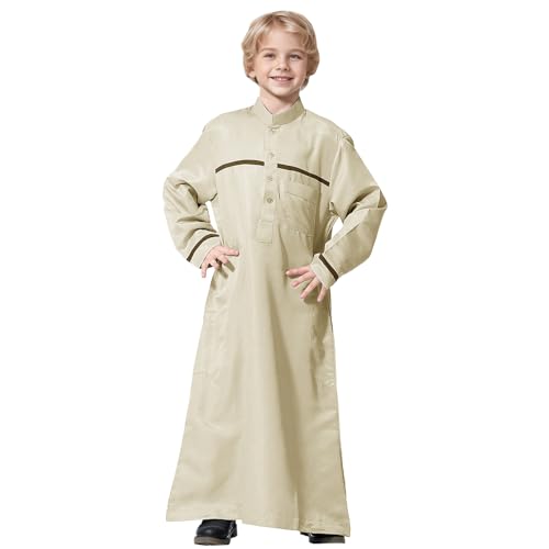 Sunfashion Nicki Strampler 56 Blau Langarm-Kaftan-Crew-Robe Nationalkostüm Teenager-Jungen Langarm-gestickte Robe-Set Arabische Kinderkleidung Neugeborene Kleidung Junge (Beige, 5-6 Years) von Sunfashion