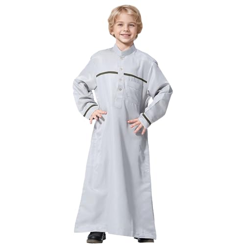 Sunfashion Nicki Strampler 56 Blau Langarm-Kaftan-Crew-Robe Nationalkostüm Teenager-Jungen Langarm-gestickte Robe-Set Arabische Kinderkleidung Neugeborene Kleidung Junge (Grey, 4-5 Years) von Sunfashion