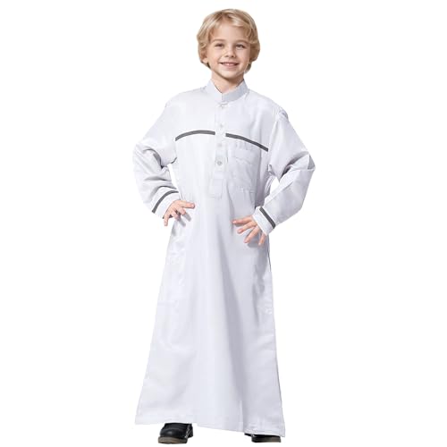 Sunfashion Nicki Strampler 56 Blau Langarm-Kaftan-Crew-Robe Nationalkostüm Teenager-Jungen Langarm-gestickte Robe-Set Arabische Kinderkleidung Neugeborene Kleidung Junge (White, 4-5 Years) von Sunfashion