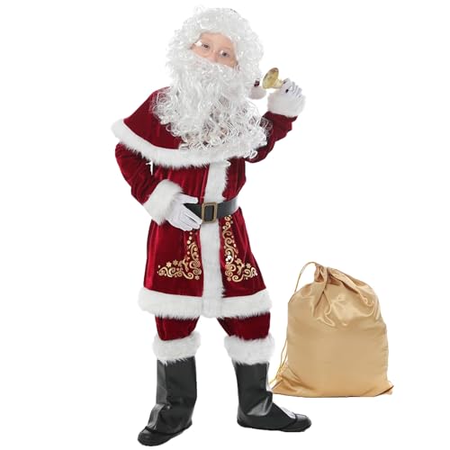 Sunfashion Weihnachtsmann Kostüm Kinder Nikolauskostüm Santa Claus Junge Oberteil, Hose, Mütze, Mädchen Rock, Umhang, Mütze, Party Festzug Kinder Samt Winter Warm Xmas Outfits Cosplay Party Verkleidu von Sunfashion