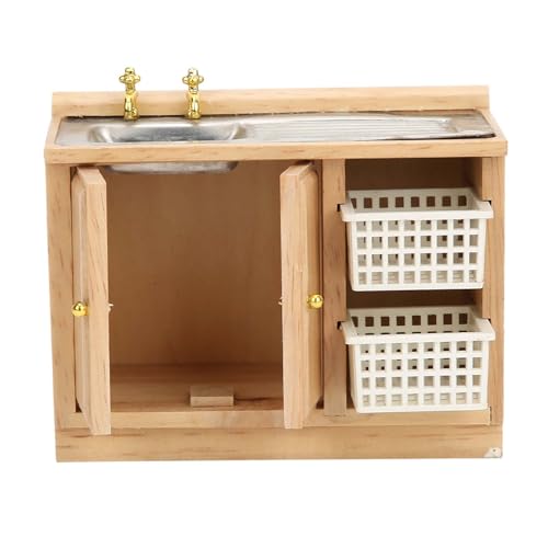 Sunicon 1:12 Miniatur-Küchenspüle, Puppenhaus-Miniaturmöbel, Miniatur-Geschirrspültisch, Badezimmer-Küchenspüle mit Schrank, Waschbecken-Set mit Körben von Sunicon