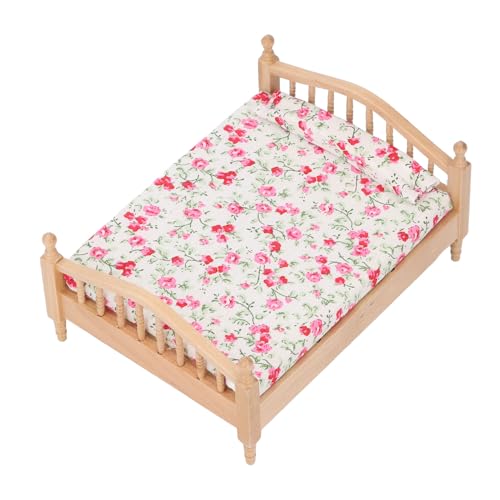 Miniatur-Puppenhausbett, Elegantes Blumenmuster, Holzmöbel, Schlafzimmer, Arbeitszimmer, Dekoration, DIY-Zubehör, Stoff aus Birkenholz, 16 X 12,2 X 7,1 cm von Sunisfa