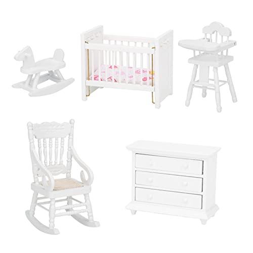 Weißes Puppenhaus-Miniaturbett-Set für, Moderner Stil, Ideales Puppenhaus-Möbelset mit Schaukelpferd, Schrank, Schlafzimmerdekor-Modellspielzeug, Birke und Stoffmaterial, (5PCS) von Sunisfa