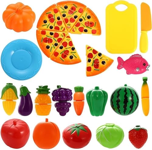 24 PCS Spiel Essen Set für Kinder Kunststoff Schneiden Pizza Obst und Gemüse vorgeben Spielen Set von Sunknight