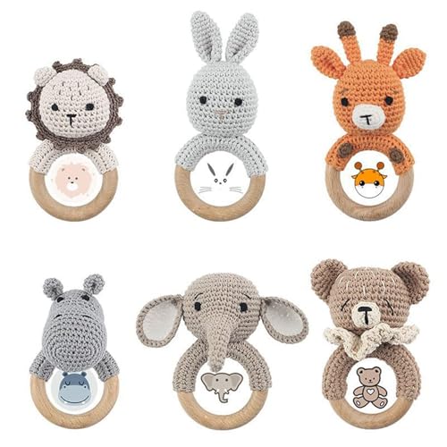 Baby Spielzeug Häkel Holz Greifling Baby Geschenk zur Geburt,Niedliche Fuchs Tiger Löwe Hase Babyrassel, Baby Kleinkind Frühe Lernspielzeug für Jungen Mädchen Baby von Sunknight