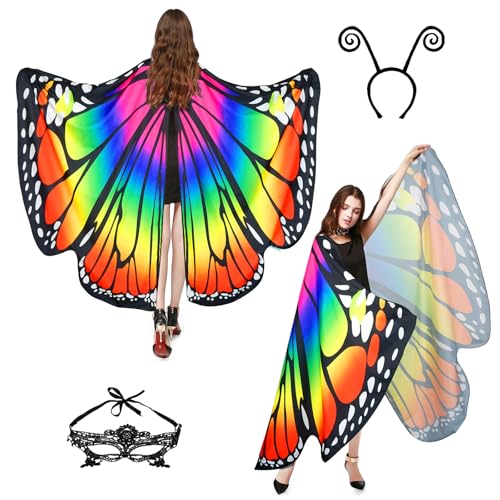 Schmetterling Kostüm Damen 3er Set Halloween Kostüm Damen Schmetterlingsflügel Erwachsene Faschingskostüme Damen Umhang Verkleidung mit Gesichtsmaske von Sunlisky