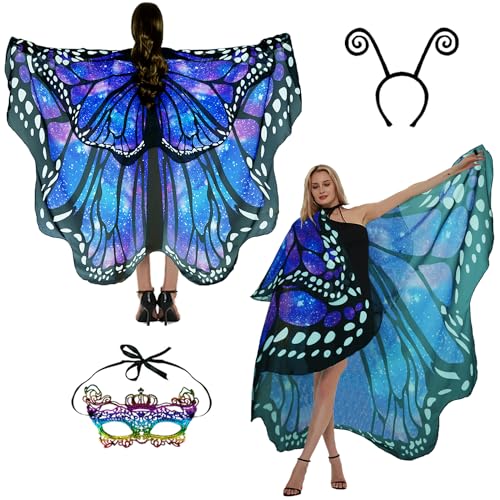 Sunlisky Schmetterling Kostüm Damen Schmetterlingsflügel Erwachsene Zweistufiges Karneval kostüm Damen Schmetterling Umhang Verkleidung Schmetterlings Kostüm Zubehör (Doppellage Chiffon Sternen Blau) von Sunlisky