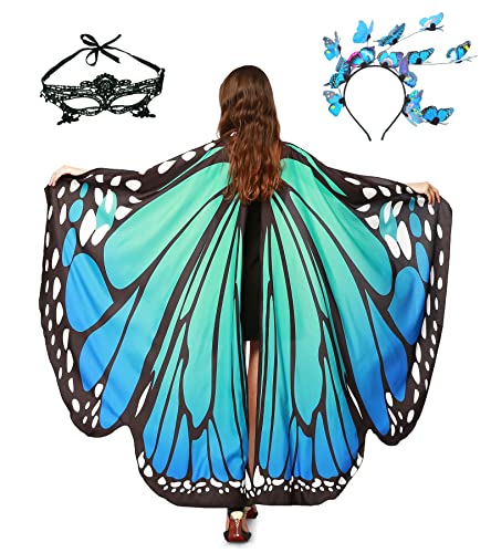 Sunlisky Schmetterling Damen Flügel Schmetterlingsflügel Erwachsene Mädchen Faschingskostüme Damen Umhang Verkleidung Schmetterlings Zubehör 3 Set mit Schmetterling Haarreif Gesichtsmaske von Sunlisky