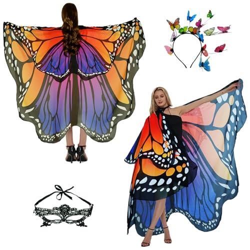 Schmetterling Kostüm Damen Schmetterlingsflügel Erwachsene Zweistufiges Karneval kostüm damen schmetterling Umhang Verkleidung Schmetterlings Kostüm Zubehör 3Set Schmetterling Haarreif Gesichtsmaske von Sunlisky