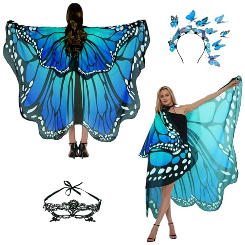 Schmetterling Kostüm Damen Schmetterlingsflügel Erwachsene Zweistufiges Karneval kostüm damen schmetterling Umhang Verkleidung Schmetterlings Kostüm Zubehör 3Set Schmetterling Haarreif Gesichtsmaske von Sunlisky