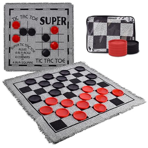 Jumbo Checkers Set mit doppelseitiger Stoffmatte und Aufbewahrungstasche - Enthält 25 extra große Spielteile für Familienveranstaltungen im Freien und drinnen, inklusive Tic Tac Toe Bonusspiel von Sunny Days