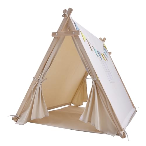 Sunny Sienna Spielzelt für Kinder in Beige mit Fenster, Flaggen & Bodenmatte | Kinderzelt aus 100% Baumwolle & FSC 100% Holz | Spielzelt/Wigwam/Tipi Zelt für Drinnen & Draußen 120 cm x 100 cm von Sunny