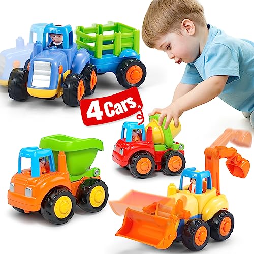 SunnyPal Spielzeug ab 1 Jahr Junge Mädchen Geschenke - 4 STK. Auto Spielzeug ab 2 Jahre Jungen, 4WD Reibungsauto Spielzeug Lastwagen Kinder, Baby Bagger Traktor Kipplaster Betonmischer von SunnyPal