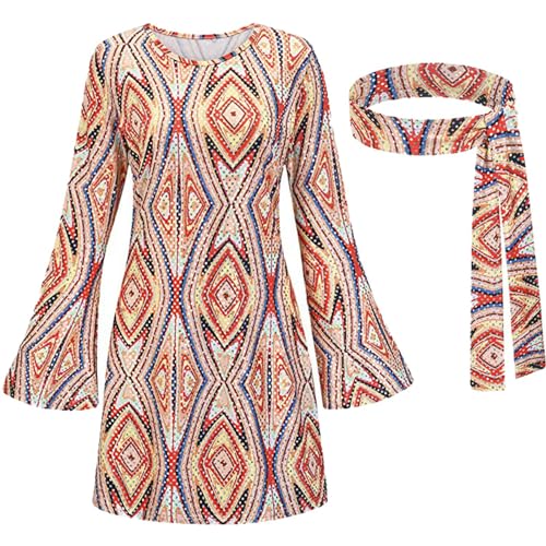 70er Jahre Outfit Damen Kleid, Hippie Kostüm Damen Kleid, Karneval Kostüm Damen Hippie Kleid, Flower Power Kleidung Damen, Disco Outfit Damen, Faschingskostüme Damen, Party Outfit 70er Jahre, von Sunnyuk