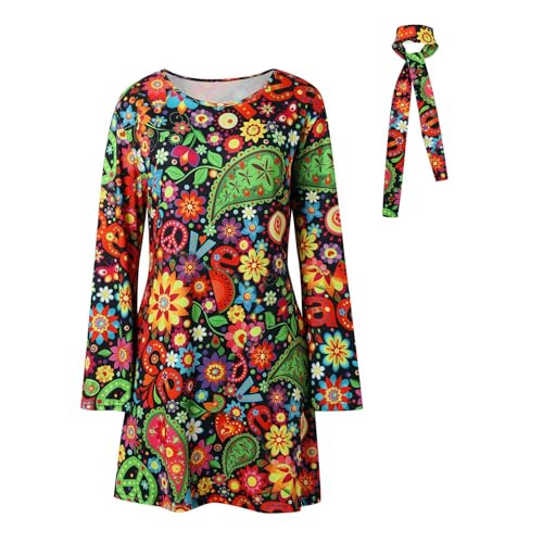 Sunnyuk 70er Jahre Outfit Damen Kleid, Hippie Kostüm Damen Kleid, Karneval Kostüm Damen Hippie Kleid, Disco Outfit Damen, Flower Power Kleidung Damen, Faschingskostüme Damen, Party Outfit 70er Jahre, von Sunnyuk