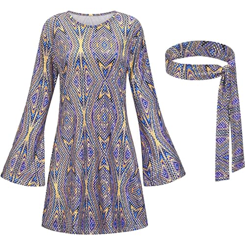 Sunnyuk Hippie Kostüm Damen Kleid, 70er Jahre Outfit Damen Kleid, Karneval Kostüm Damen Hippie Kleid, Disco Outfit Damen, Flower Power Kleidung Damen, Kostüm Damen Fasching, Hippie Kleidung Damen, von Sunnyuk