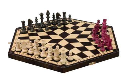 Large 3 Player Chess Set - 54cm hexagonal Board with Edge Numbers, Brown, White and red Pieces von Sunrise Chess and Games