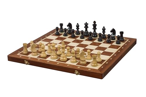 Sunrise Chess Hochwertiges Schachbrett Set – Turniergröße, Handgefertigt aus Mahagoni und Ahorn – Gewichtete German Knight Schachfiguren (3,75") von Sunrise Chess & Games